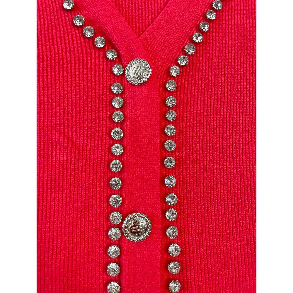 LIV Milano Coral Pink Rhinestone Mock‎ Sweater Cardigan SZ Large Glam Barbiecore - Picture 3 of 5